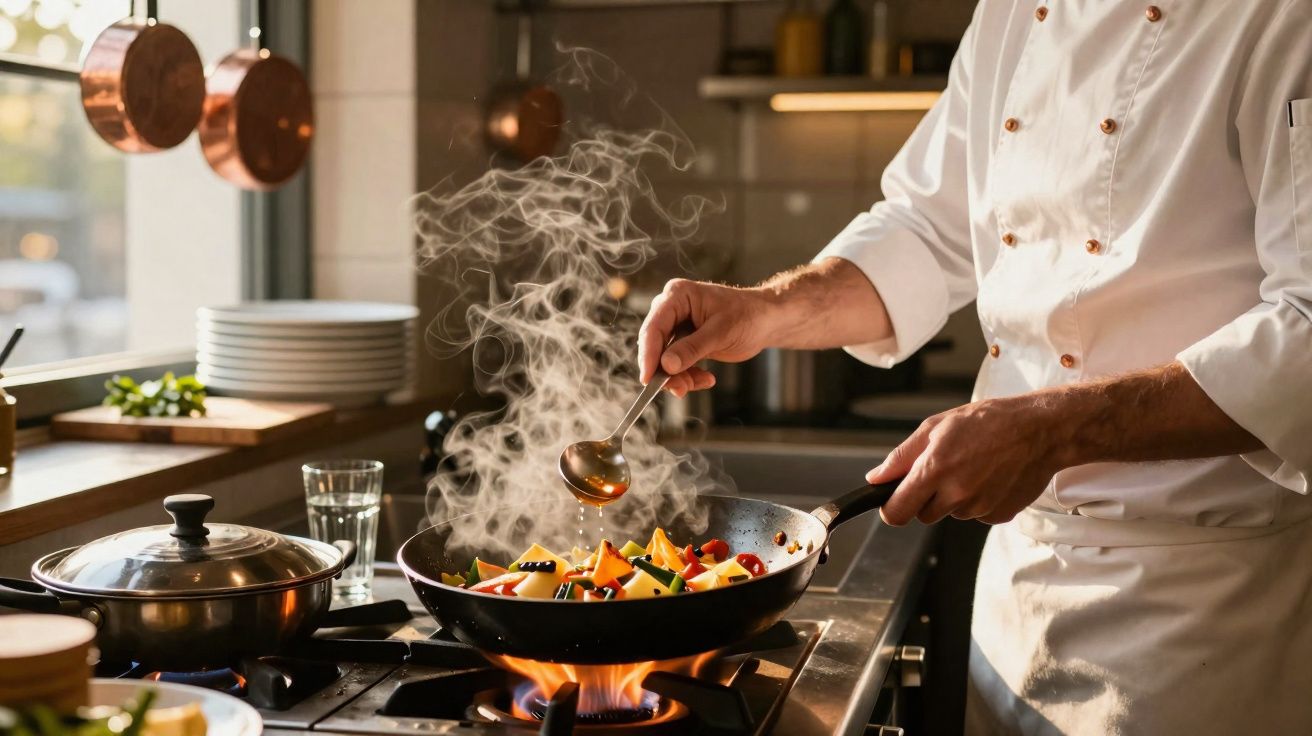 Chef com uniforme branco temperando legumes coloridos em frigideira quente na cozinha profissional.
