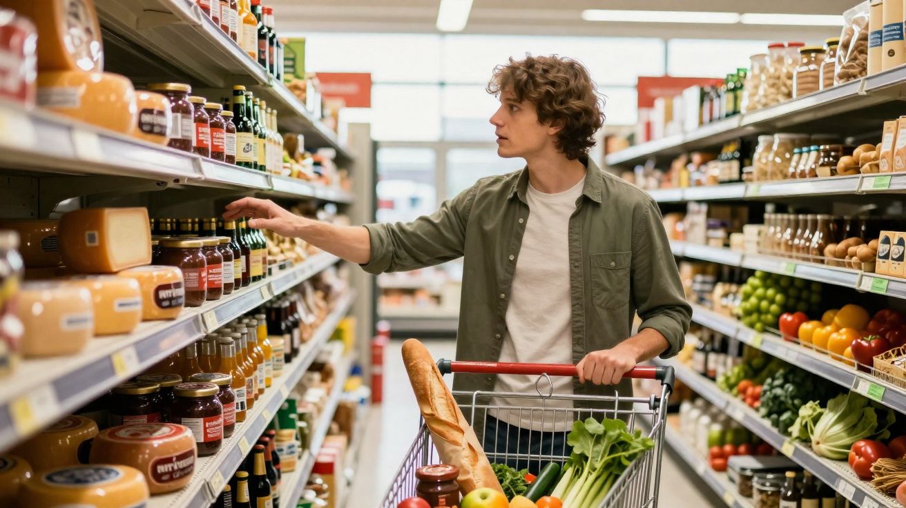 Homem jovem com carrinho de compras escolhe produto em corredor de supermercado repleto de mantimentos.