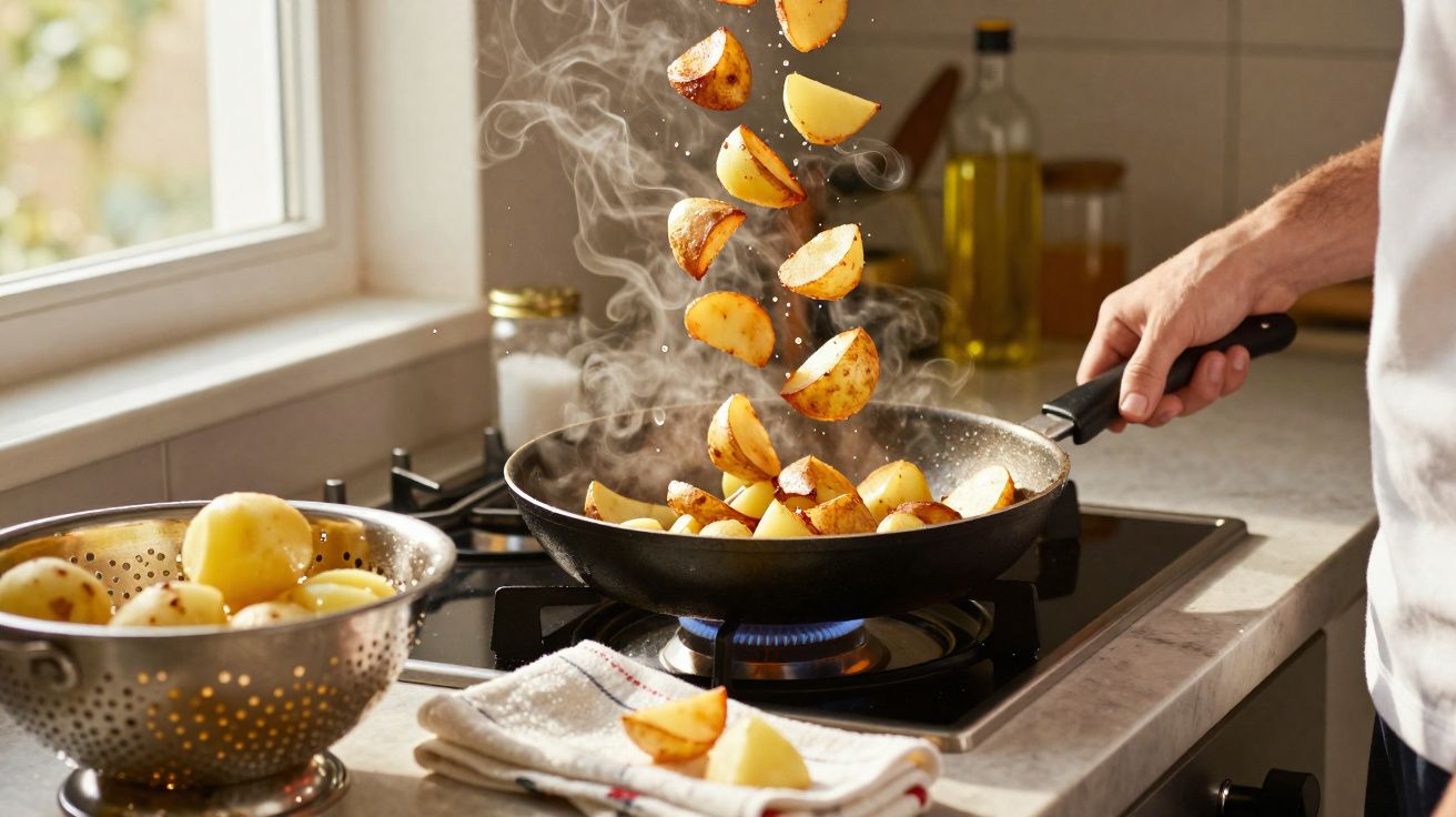 Batatas temperadas sendo salteadas em frigideira no fogão a gás em cozinha iluminada pela luz natural.
