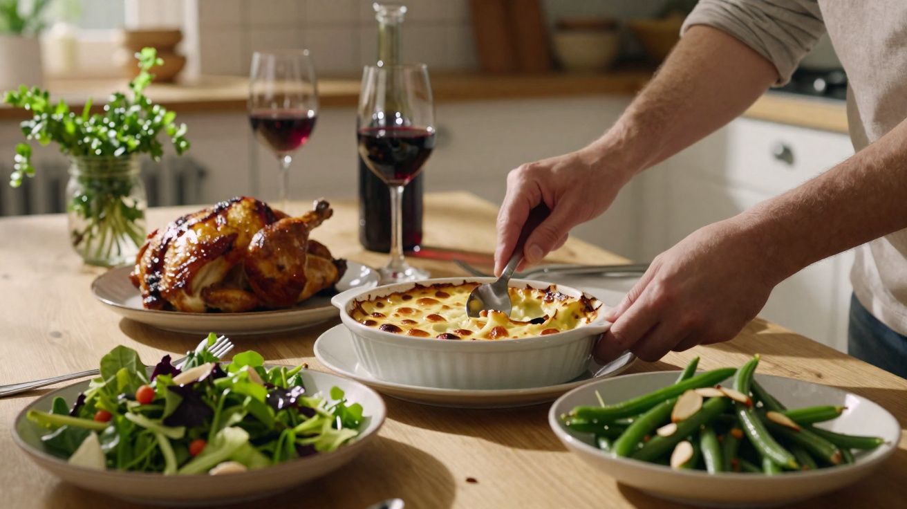 Pessoa servindo purê gratinado em mesa com salada, vagem, frango assado e taças de vinho tinto.