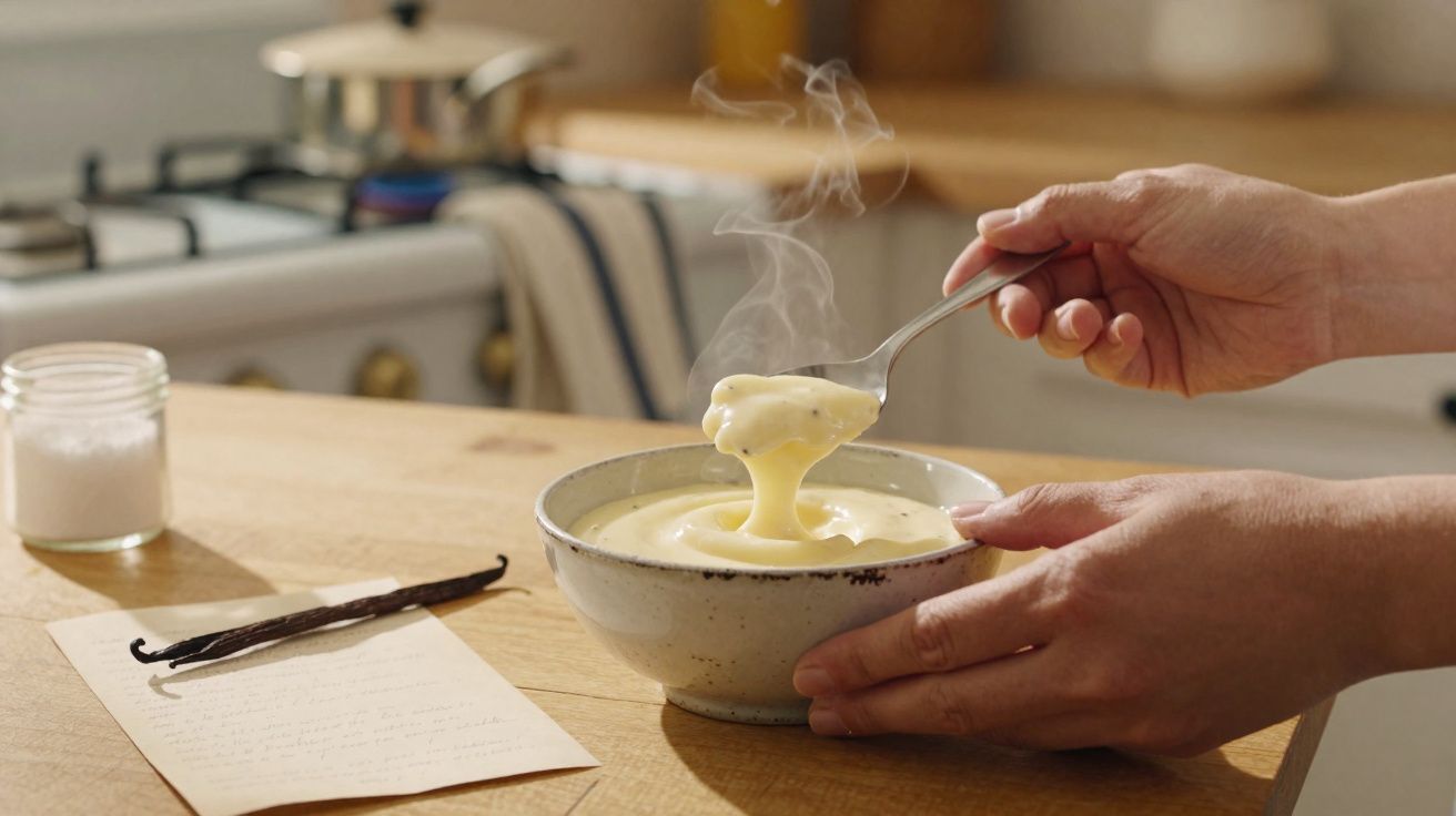 Mãos segurando uma tigela com creme de baunilha quente e vapor saindo em cozinha caseira.