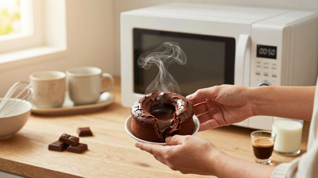Mãos segurando bolo de chocolate quente com vapor ao fundo micro-ondas e xícaras na bancada.