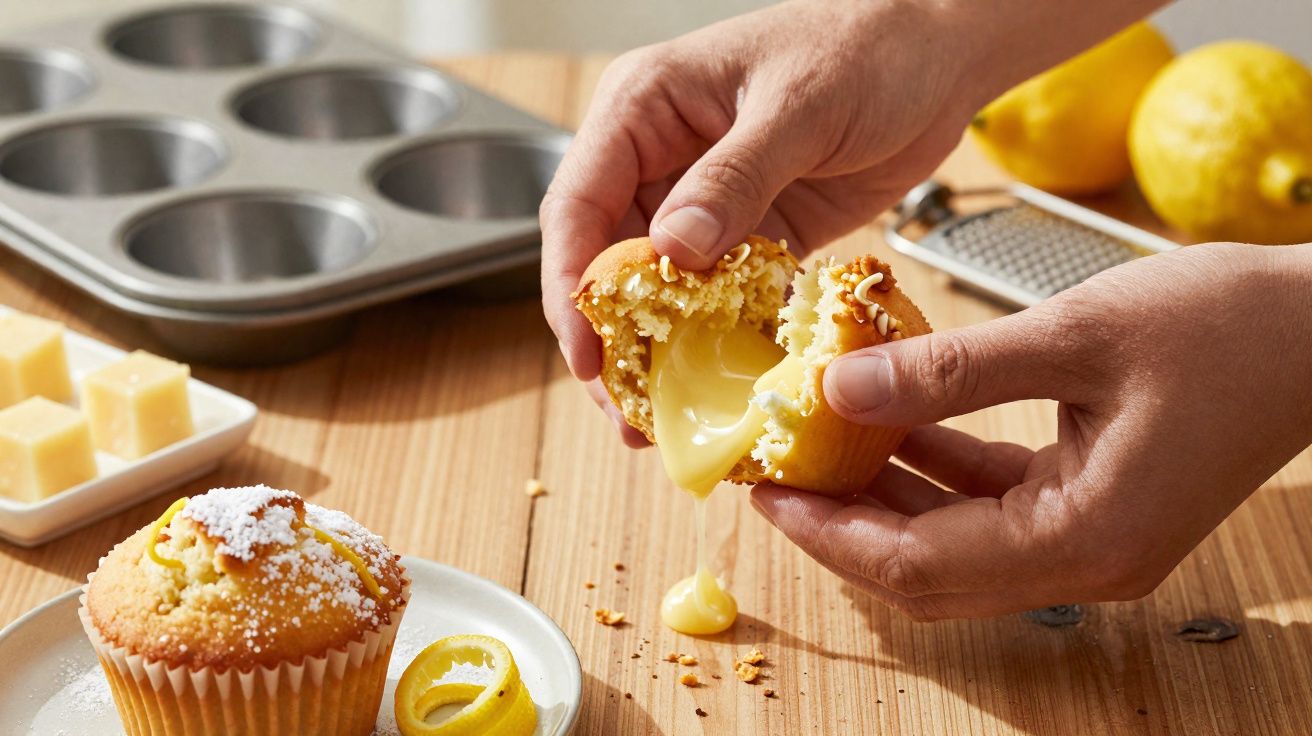 Mãos seguram muffin de limão recheado com creme, sobre mesa de madeira com muffins, limões e formas.