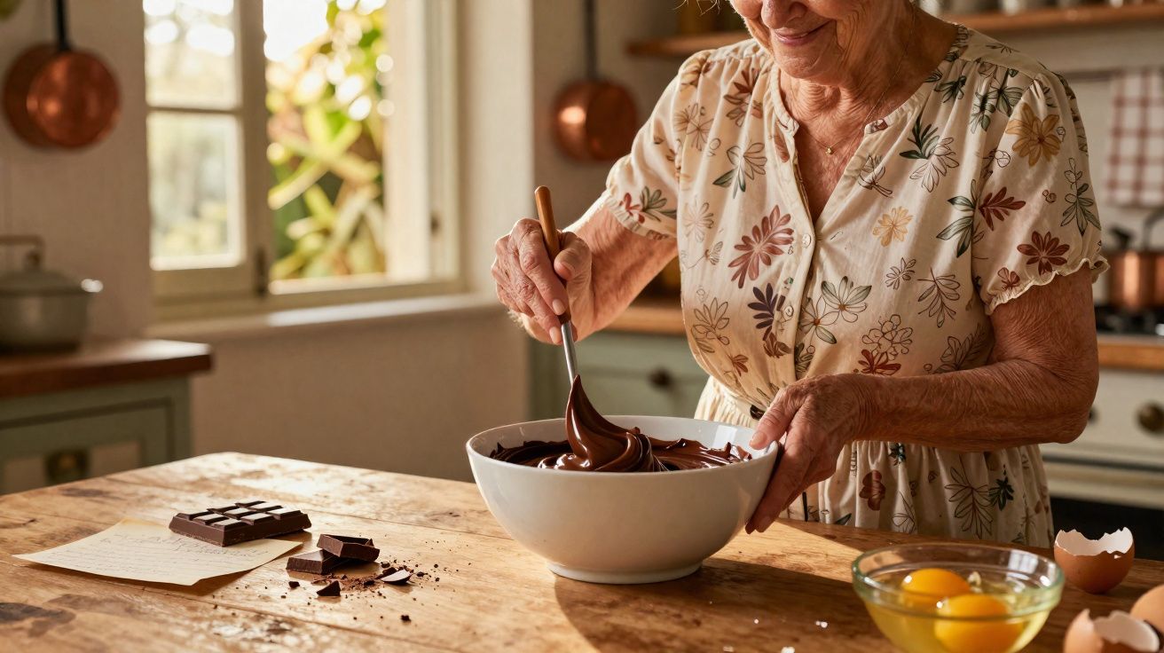 Idosa mexendo chocolate derretido em uma tigela na cozinha rústica iluminada pela janela.