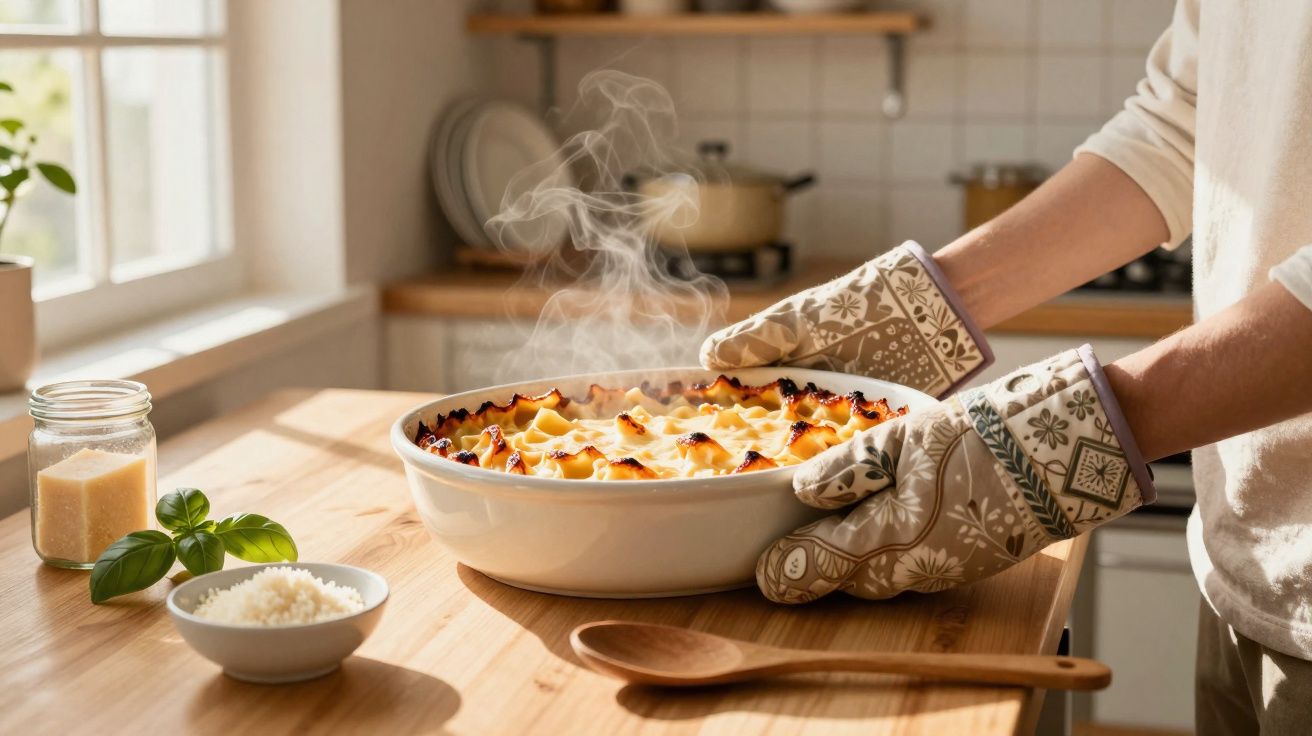 Pessoa segurando prato fumegante com lasanha em cozinha ensolarada, ao lado de manjericão e queijo ralado.