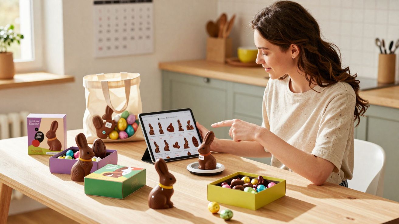 Mulher sentada à mesa, olhando tablet com imagens de coelhos de chocolate e chocolates coloridos ao redor.