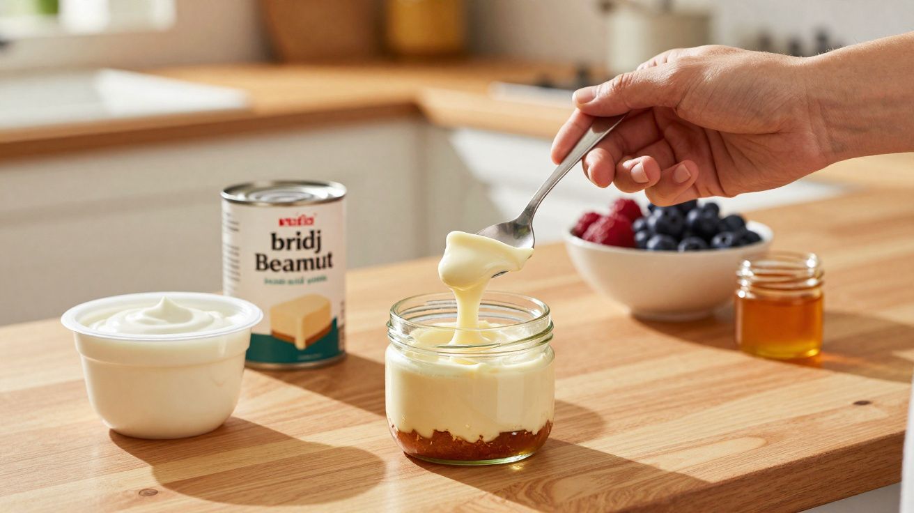 Mão segurando colher com doce branco sendo colocado em pote com geleia, frutas e mel ao fundo na cozinha.