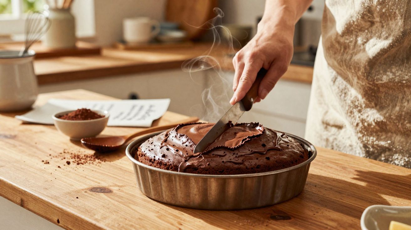 Pessoa cortando bolo de chocolate recém-assado em forma metálica sobre mesa de madeira na cozinha.