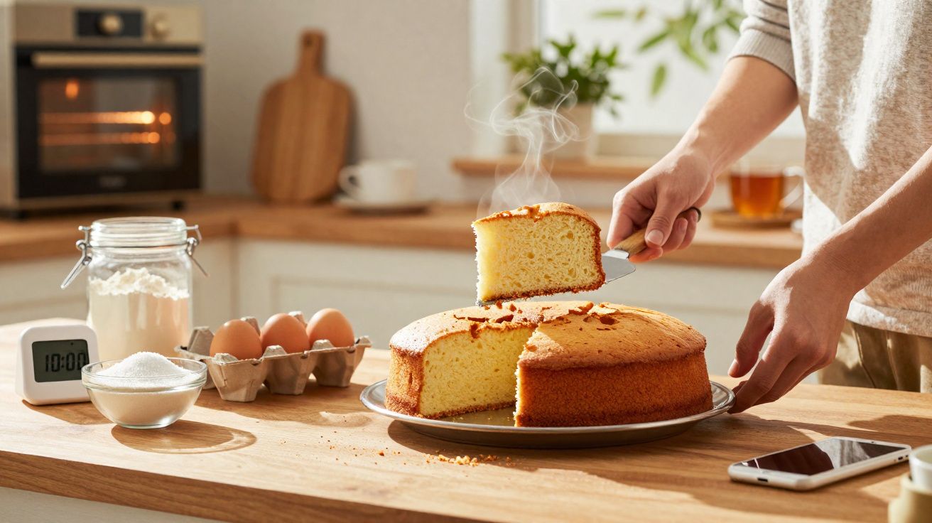 Pessoa cortando fatia de bolo amarelo em cozinha com ingredientes e smartphone sobre a mesa.
