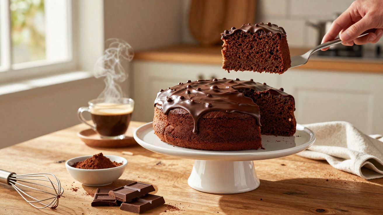 Bolo de chocolate com cobertura derretida em prato branco, fatia sendo servida, ao lado café e ingredientes.