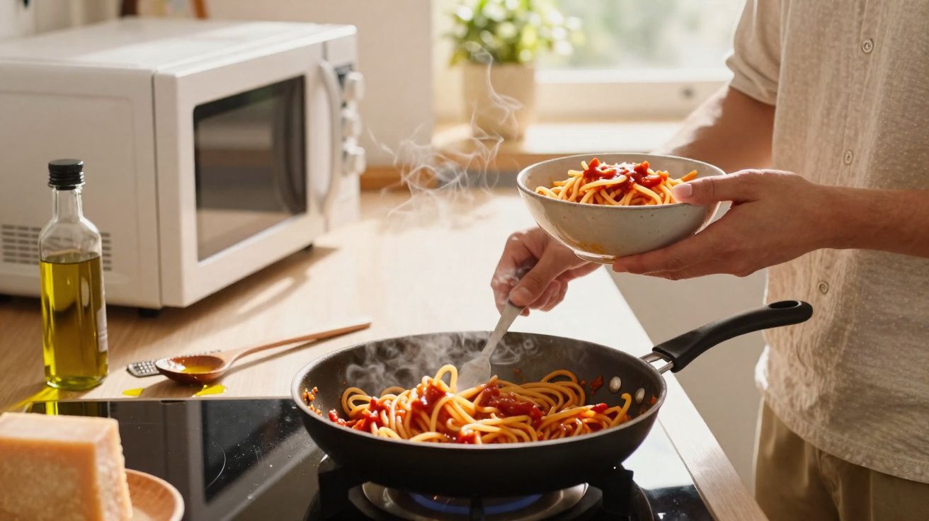 Pessoa servindo macarrão com molho vermelho de frigideira em prato em cozinha iluminada.