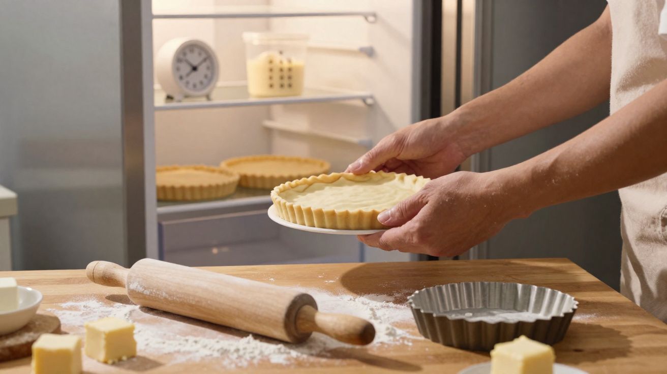 Mãos segurando torta crua sobre prato, com rolo de massa e formas na bancada e geladeira ao fundo.