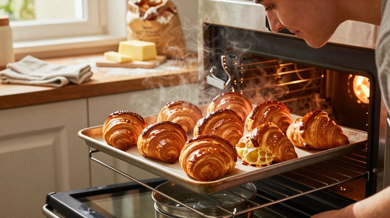 Pessoa retirando croissants assados e quentes do forno em uma cozinha iluminada pela manhã.
