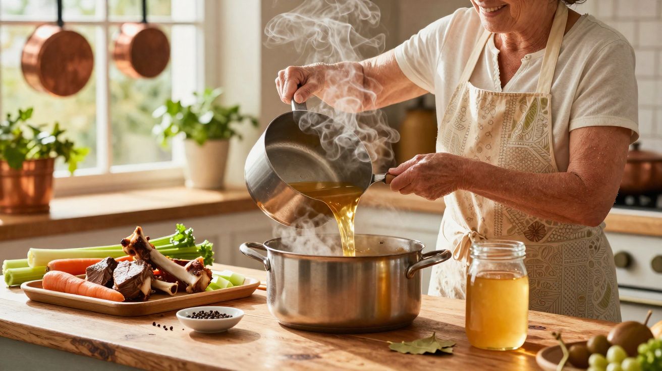 Pessoa idosa cozinhando, despejando caldo quente em panela na cozinha caseira iluminada.