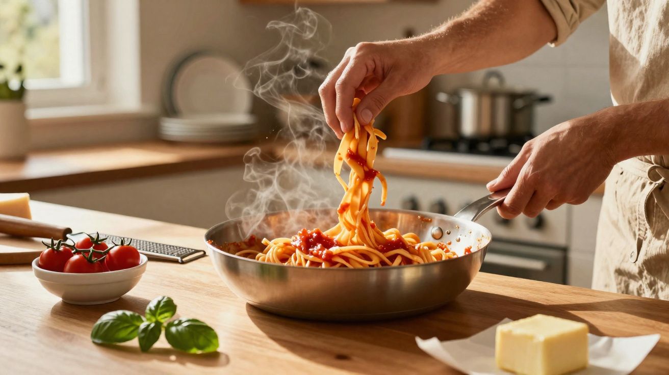 Pessoa cozinhando macarrão com molho de tomate em frigideira quente na cozinha iluminada pela luz natural.