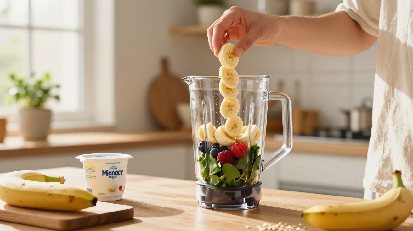 Pessoa colocando fatias de banana em um liquidificador com frutas e vegetais na cozinha.