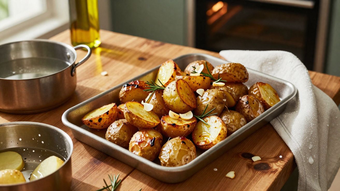 Batatas assadas com alho e alecrim em travessa sobre mesa de madeira, ao lado de panela e garrafa de azeite.