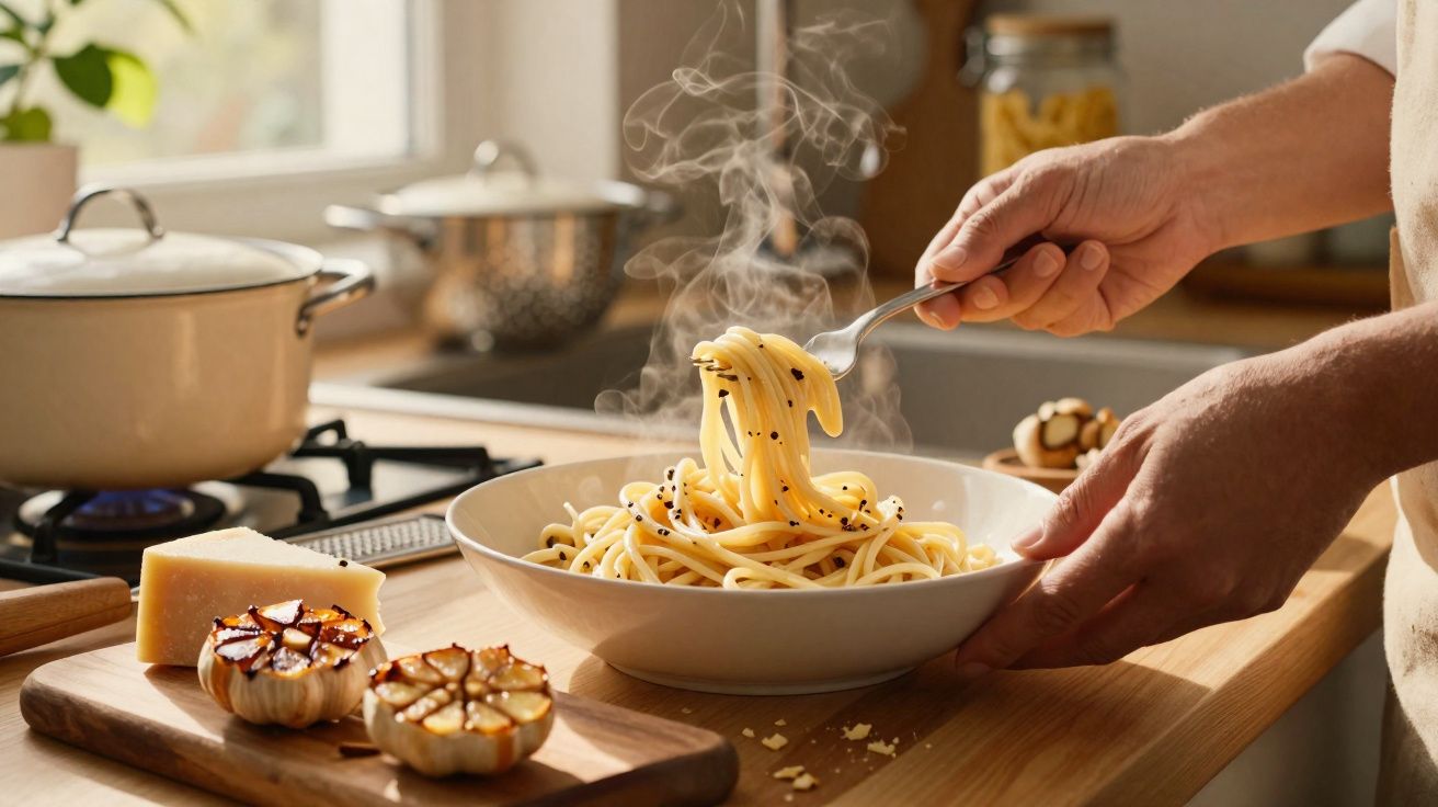 Pessoa servindo macarrão quente com alho assado e queijo em cozinha iluminada por luz natural.