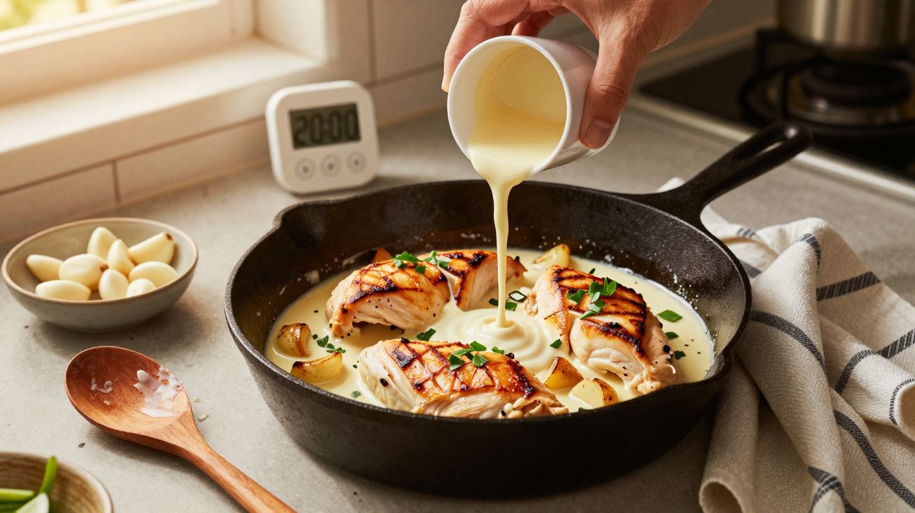 Frango grelhado em frigideira com molho cremoso sendo despejado, alho em prato e colheres ao lado.