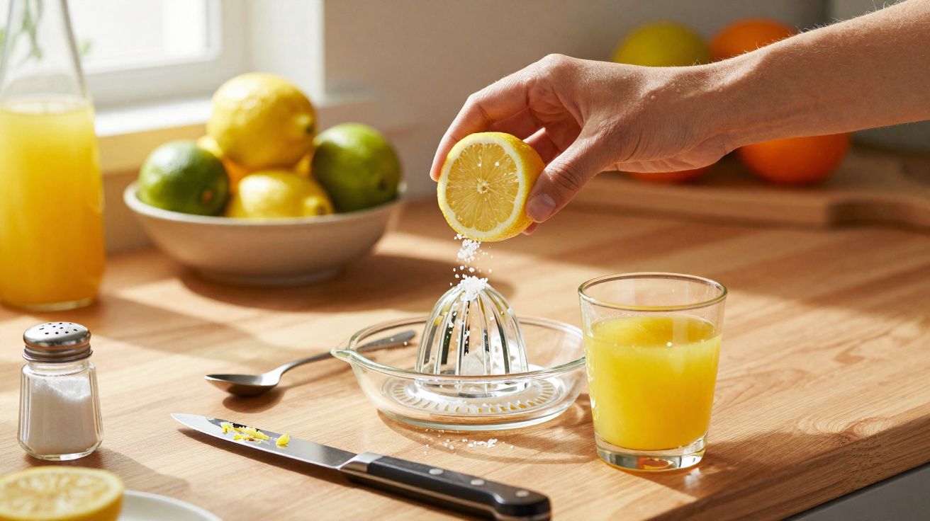 Pessoa espremendo limão com espremedor de vidro em bancada de madeira com suco, limões e sal.