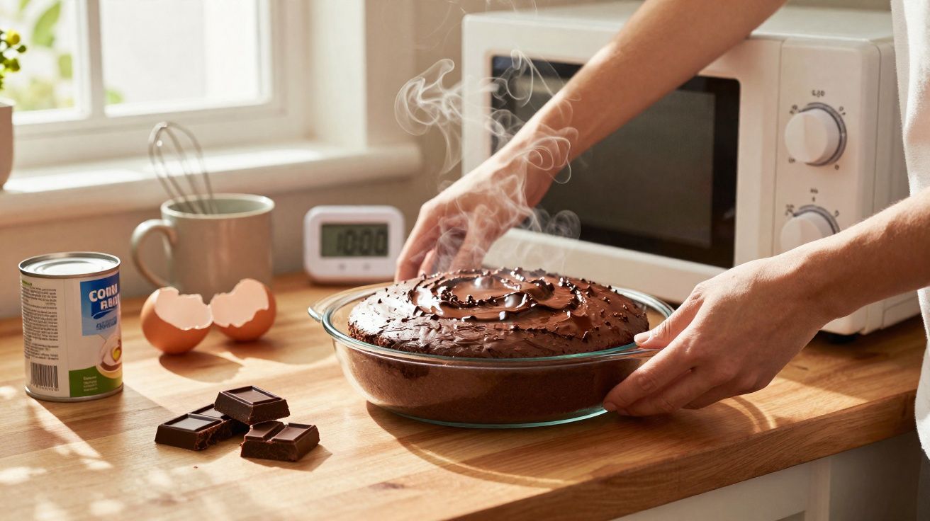 Pessoa retirando bolo de chocolate quente do forno de micro-ondas em cozinha iluminada.