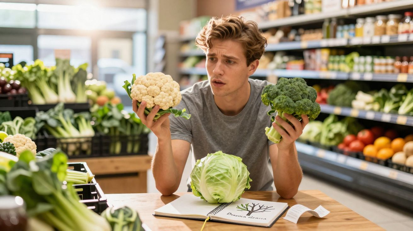 Homem em supermercado comparando couve-flor e brócolis sentado à mesa com caderno aberto e repolho.