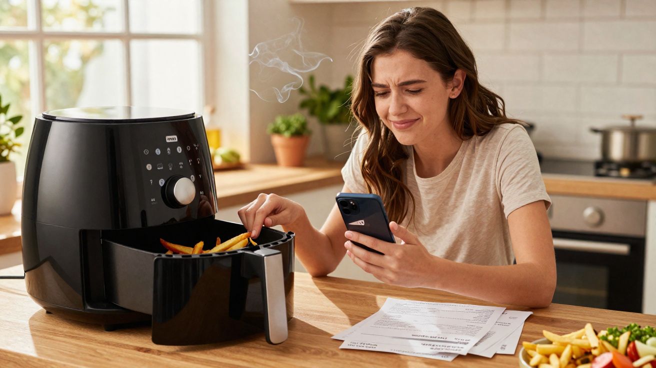Mulher desanimada comendo batatas fritas de uma air fryer, olhando para o celular numa cozinha moderna.