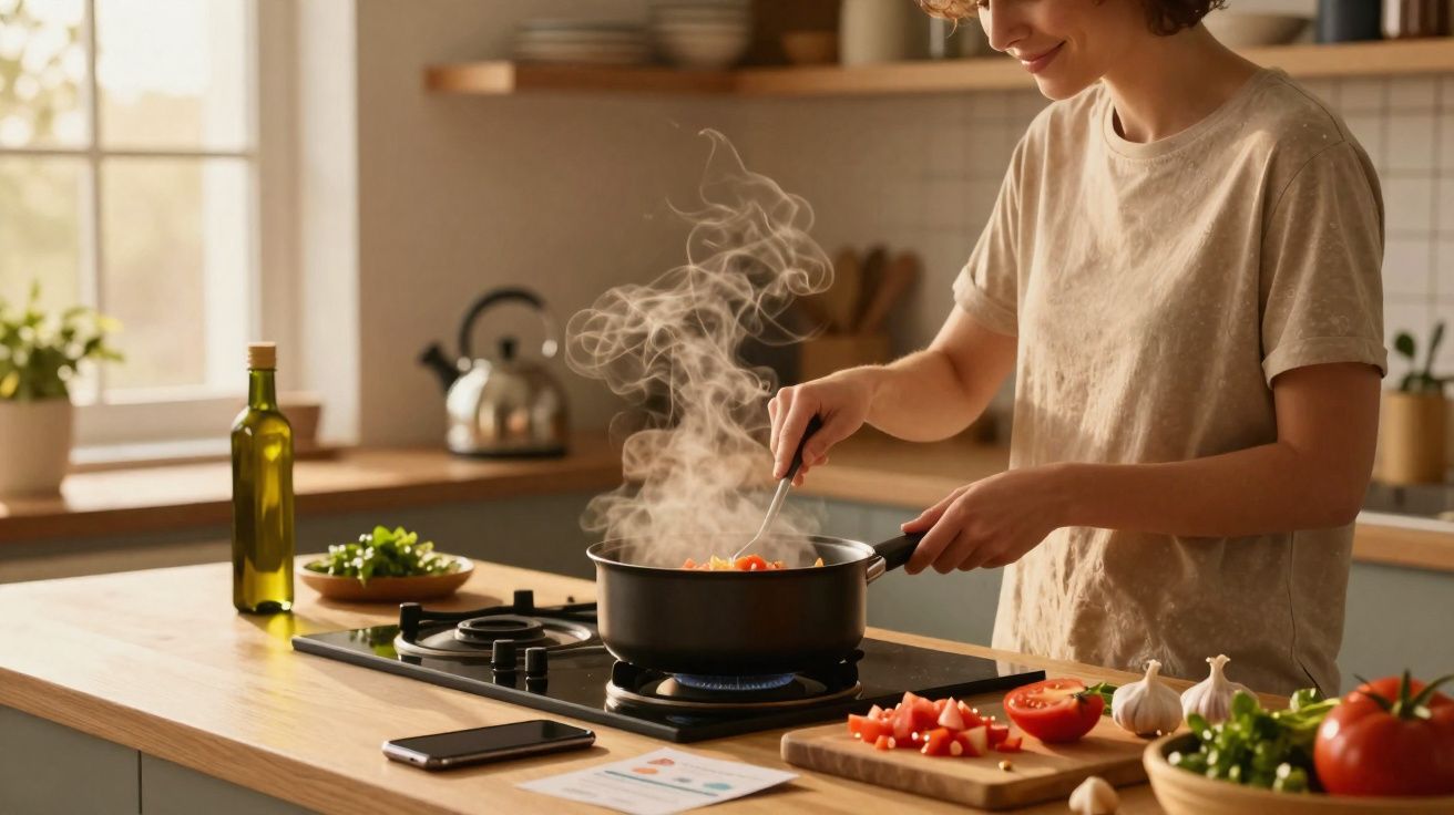 Pessoa mexendo panela com alimentos quentes no fogão em cozinha iluminada e moderna.