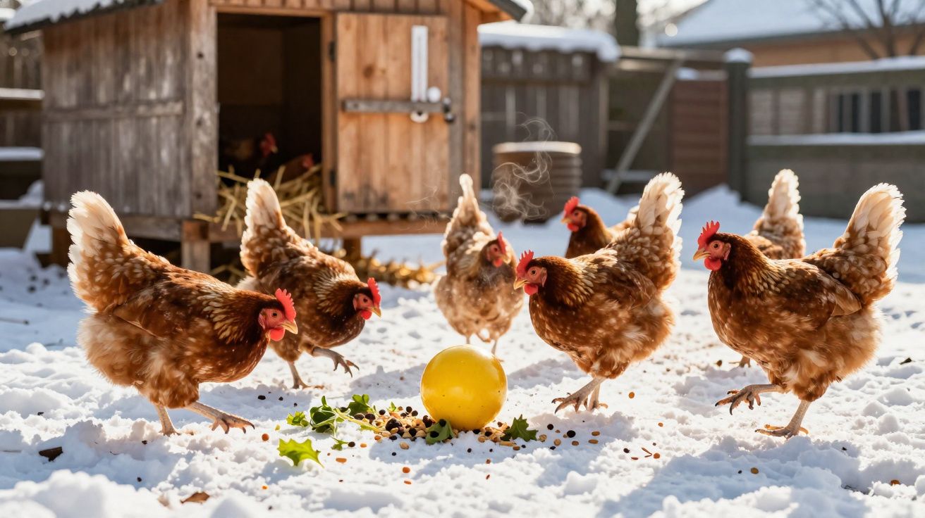 Galinha caipira em um quintal com neve ao redor de uma casinha de madeira.