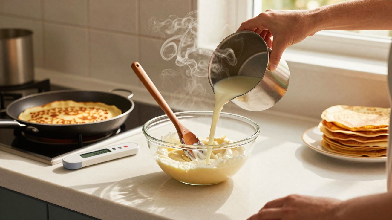 Pessoa preparando massa de panqueca, despejando líquido em bowl com colher de pau na bancada da cozinha.