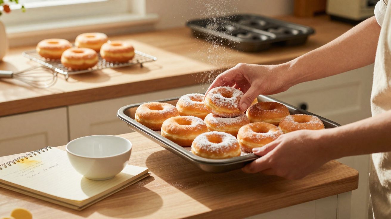 Pessoa polvilhando açúcar em donuts frescos sobre uma assadeira em cozinha iluminada.