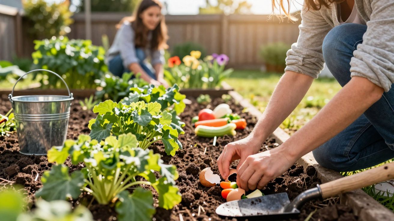 Duas pessoas cuidando e plantando hortaliças em uma horta caseira ao ar livre em dia ensolarado.