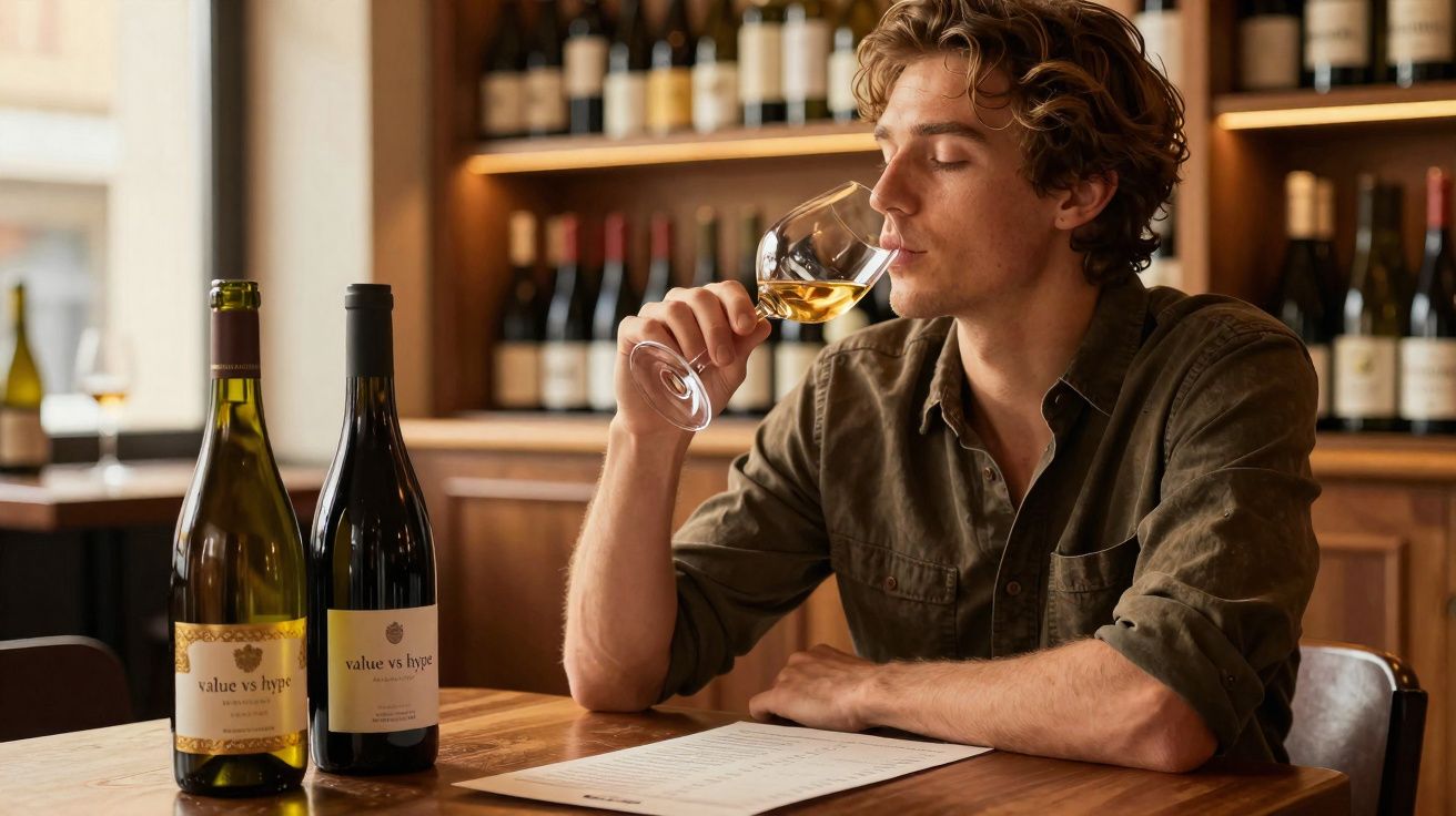 Homem sentado degustando vinho branco em adega, com garrafas e prancheta à sua frente.