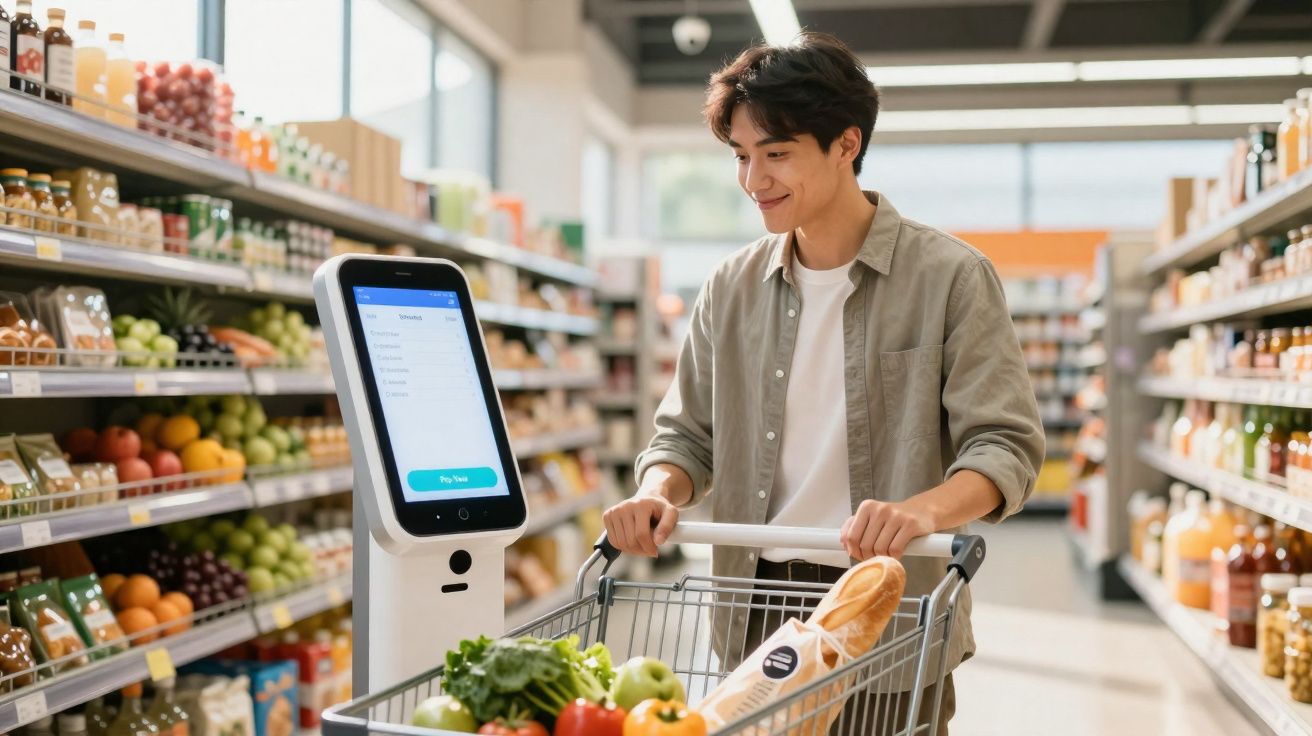 Homem com carrinho de compras usa caixa automático em supermercado moderno.