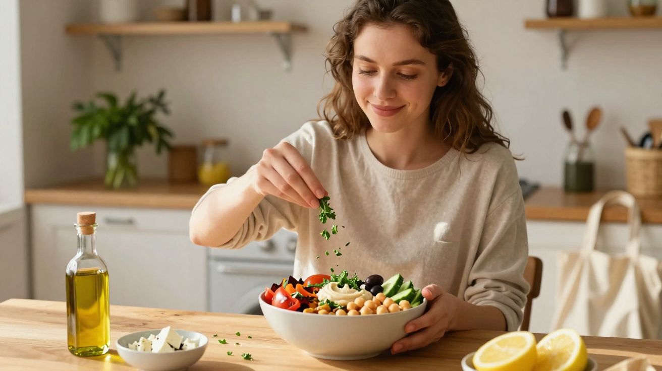 Mulher sorridente temperando salada colorida com queijo, grão-de-bico e legume em cozinha iluminada.
