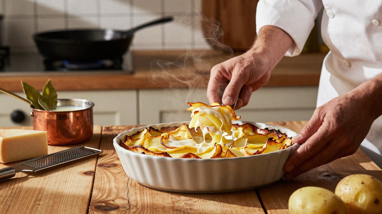 Mãos de chef servindo batatas gratinadas em refratário branco em cozinha rústica com ingredientes ao redor.