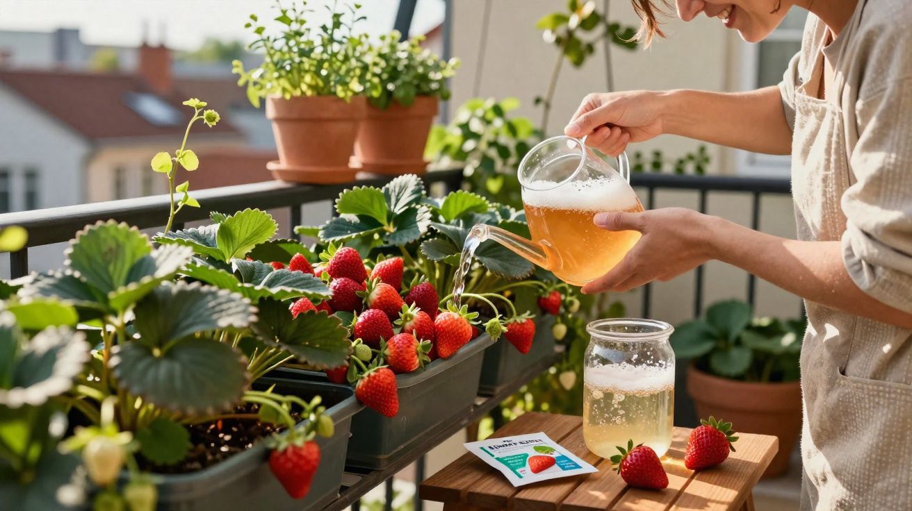 Pessoa regando mudas de morango com regador transparente em varanda com plantas ao sol.