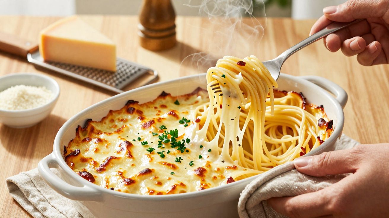 Mãos seguram garfo puxando espaguete gratinado com queijo e salsa em travessa branca sobre mesa de madeira.