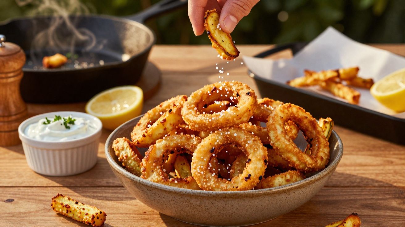 Pessoa salpicando sal em anéis de cebola empanados e fritos servidos em tigela com molho branco e limão ao fundo.