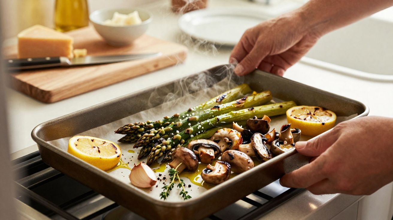 Mãos segurando assadeira com aspargos, cogumelos, alho, limão grelhado e ervas frescas na cozinha.