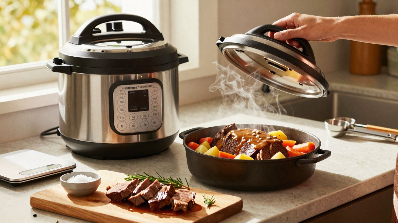 Panela elétrica, carne assada com legumes e fatias de carne sobre tábua de madeira na cozinha.
