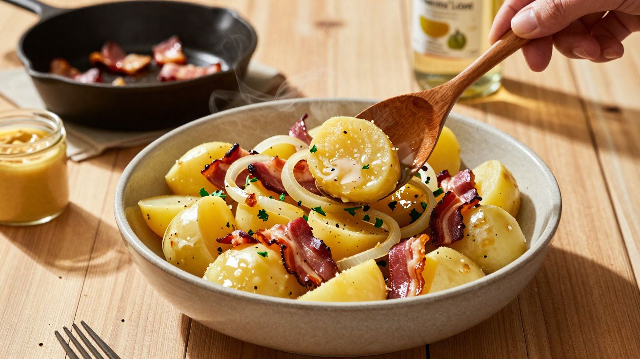 Batatas cozidas com fatias de bacon, cebolas, temperos e mostarda ao lado em tigela cinza.