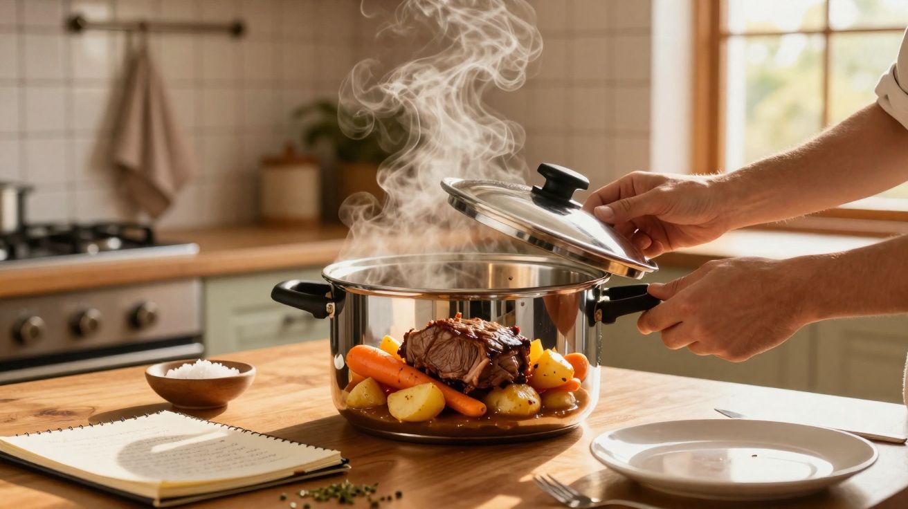 Pessoa abrindo panela com carne assada, cenoura e batatas cozidas em cozinha iluminada.