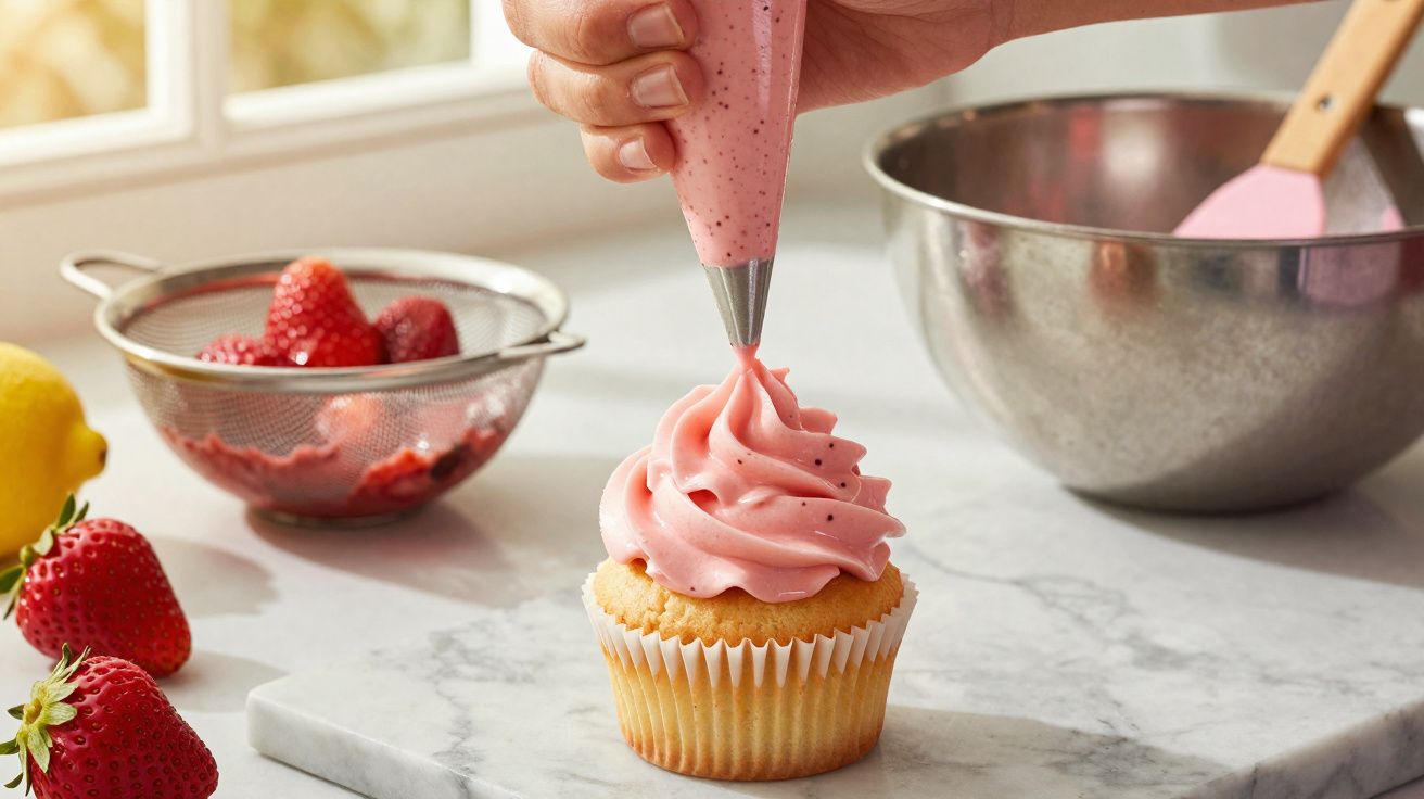 Pessoa colocando cobertura rosa de morango em cupcake sobre bancada de mármore na cozinha.