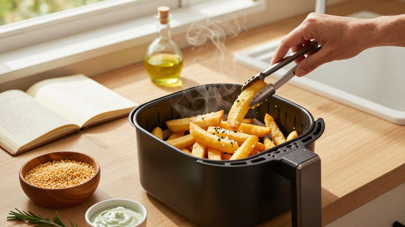 Mãos usando pegador para tirar batatas fritas quentes e crocantes de uma fritadeira elétrica preta.