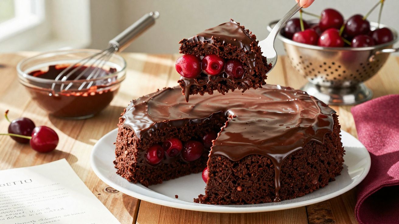 Bolo de chocolate com cobertura brilhante e recheio de cerejas frescas em prato branco sobre mesa de madeira.