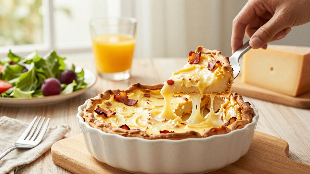 Torta de queijo com pedaços de bacon sendo servida, com salada, suco e queijo ao fundo.