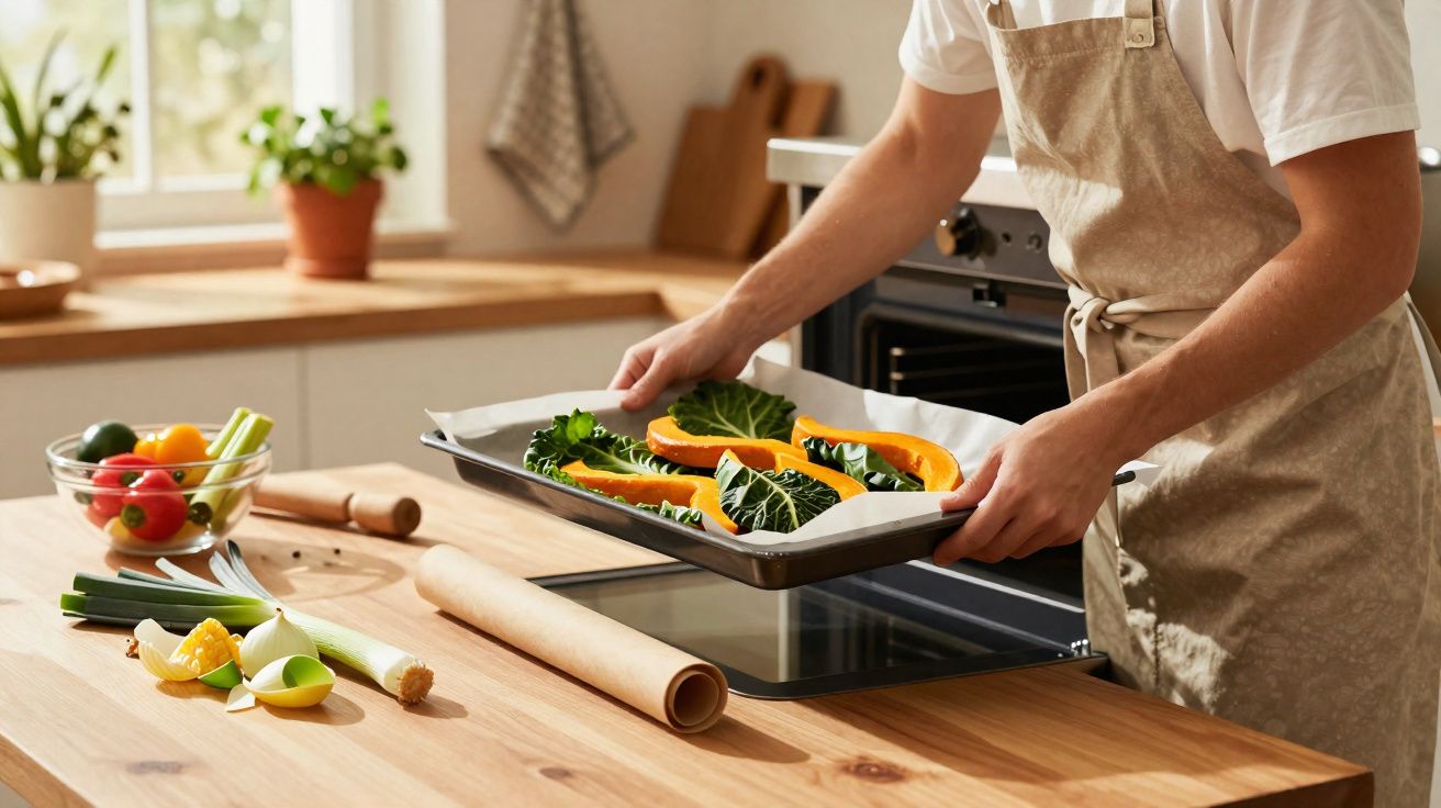 Pessoa colocando assadeira com legumes para assar em forno de cozinha moderna iluminada.