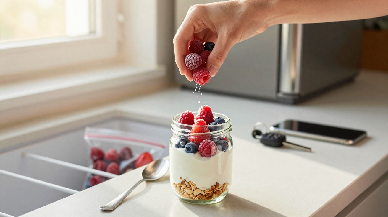 Mão colocando frutas vermelhas congeladas em pote com iogurte, granola, sobre bancada de cozinha iluminada.