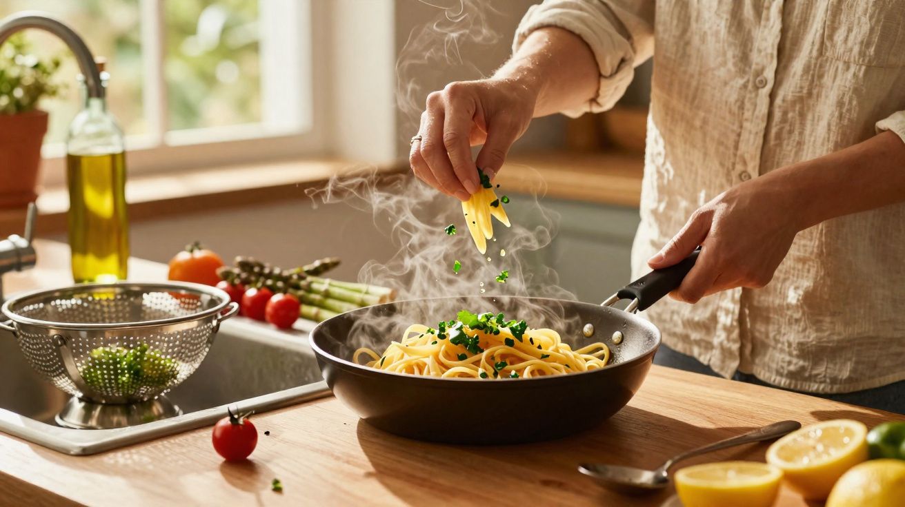 Pessoa cozinhando macarrão com ervas frescas em frigideira fumegante na cozinha iluminada pela luz natural.